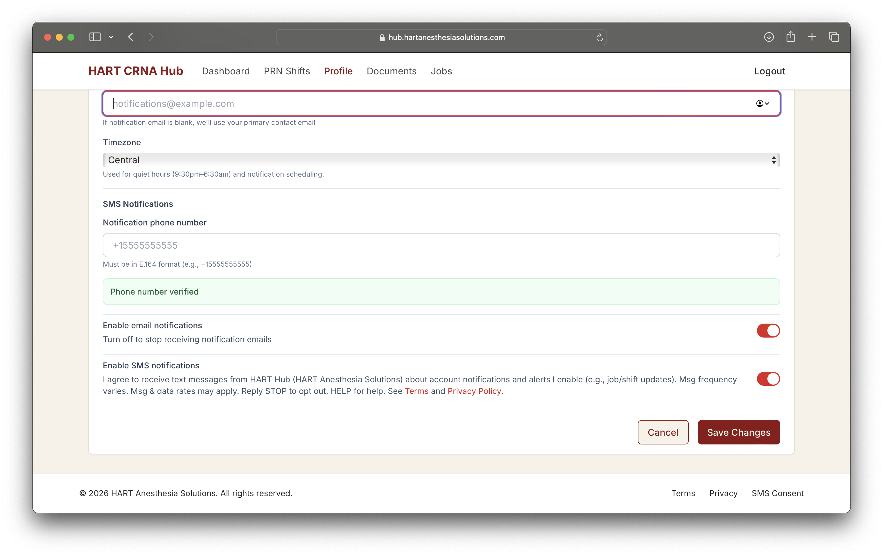 SMS opt-in call-to-action (CTA) as shown in HART Hub application — screenshot showing how users provide explicit consent to receive SMS notifications